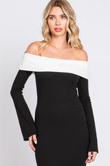 Black Ribbed Knit Colorblock Long Sleeve Off Shoulder Gown