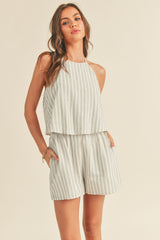 White Striped Pattern Top Overlap Romper