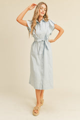 Sky Blue Button Down Flutter Sleeve Midi Dress