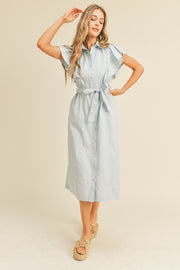 Sky Blue Button Down Flutter Sleeve Midi Dress