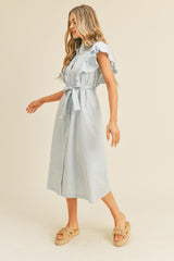 Sky Blue Button Down Flutter Sleeve Midi Dress