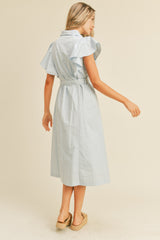 Sky Blue Button Down Flutter Sleeve Midi Dress