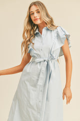 Sky Blue Button Down Flutter Sleeve Midi Dress