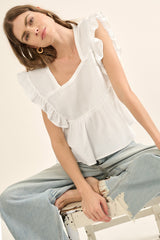 Off White Solid Square Neck Ruffle Sleeve Blouse