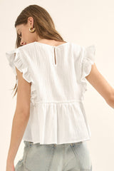 Off White Solid Square Neck Ruffle Sleeve Blouse