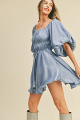 Blue Metallic Bubble Sleeve Flared Mini Dress