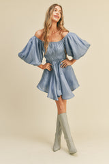 Blue Metallic Bubble Sleeve Flared Mini Dress