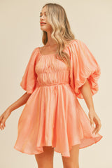 Peach Metallic Bubble Sleeve Flared Mini Dress