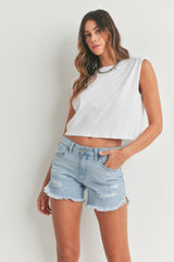 Light Denim Curved Fray Hem Jean Shorts