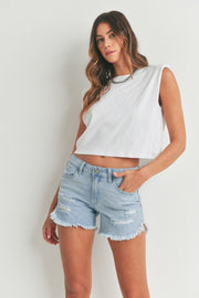 Light Denim Curved Fray Hem Jean Shorts