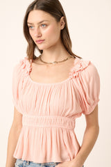 Peach Ruffle Detail Puff Sleeve Peplum Blouse