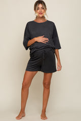 Charcoal Pocket Front Short Sleeve Maternity Pajama Short Set