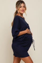 Navy Blue Pocket Front Short Sleeve Maternity Pajama Short Set