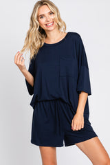 Navy Blue Pocket Front Short Sleeve Maternity Pajama Short Set