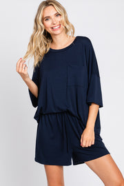 Navy Blue Pocket Front Short Sleeve Pajama Short Set