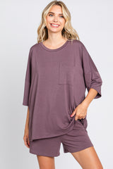 Plum Pocket Front Short Sleeve Maternity Pajama Short Set