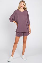 Plum Pocket Front Short Sleeve Pajama Short Set