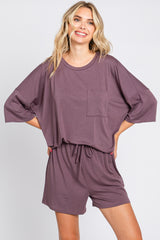 Plum Pocket Front Short Sleeve Pajama Short Set