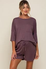 Plum Pocket Front Short Sleeve Maternity Pajama Short Set