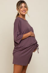 Plum Pocket Front Short Sleeve Maternity Pajama Short Set