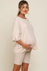 Cream Ribbed Biker Short Maternity Sleep Set