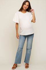 Cream Textured Knit Short Puff Sleeve Maternity Top