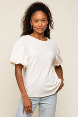 Cream Textured Knit Short Puff Sleeve Top