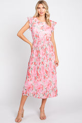 Pink Floral Chiffon Pleated Midi Dress