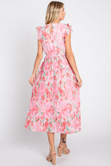 Pink Floral Chiffon Pleated Midi Dress