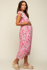 Pink Floral Chiffon Pleated Maternity Midi Dress