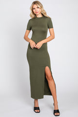 Olive Mock Neck Front Slit Short Sleeve Maxi Dress