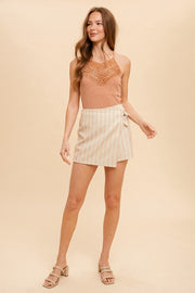 Oatmeal Peach Stripe Linen Side Tie Skort