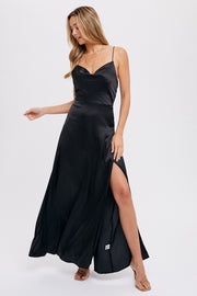 Black Drape Neck Silky Maxi Dress