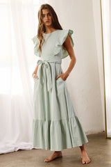 Sage Ruffle Sleeve Tiered Midi Dress