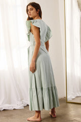 Sage Ruffle Sleeve Tiered Midi Dress