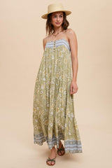 Green Floral Border Print Maxi Dress