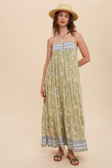 Green Floral Border Print Maxi Dress