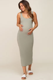 Light Olive Ribbed Basic Maternity Maxi Dress