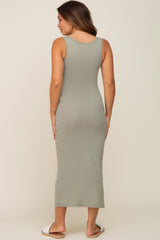 Light Olive Ribbed Basic Maternity Maxi Dress