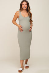 Light Olive Ribbed Basic Maternity Maxi Dress