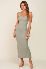 Light Olive Ribbed Basic Maxi Dress