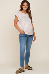 Beige Striped Cutout Back Maternity Top