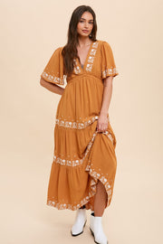 Camel Floral Embroidered Tiered Maxi Dress