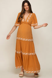 Camel Floral Embroidered Tiered Maternity Maxi Dress