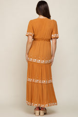 Camel Floral Embroidered Tiered Maternity Maxi Dress