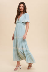 Mint Green Floral Embroidered Tiered Maxi Dress