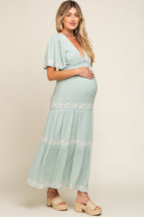 Mint Green Floral Embroidered Tiered Maternity Maxi Dress