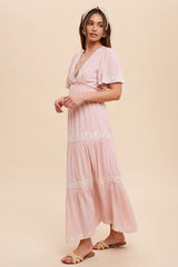 Light Pink Floral Embroidered Tiered Maxi Dress