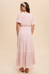 Light Pink Floral Embroidered Tiered Maxi Dress