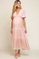 Light Pink Floral Embroidered Tiered Maternity Maxi Dress